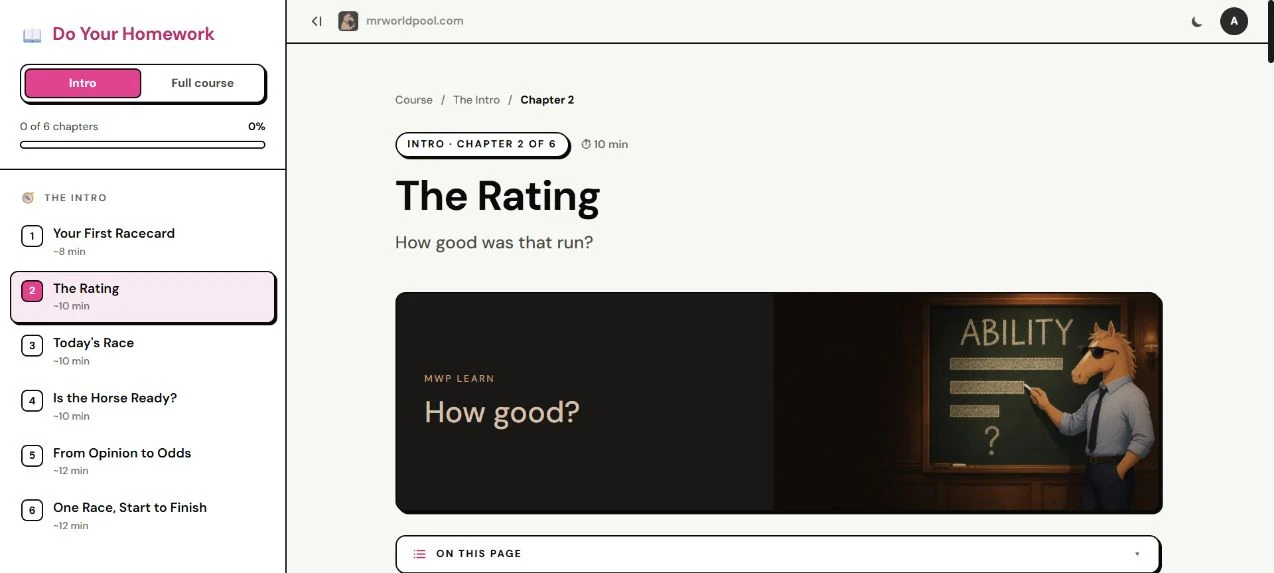 The Do Your Homework course portal in the light theme: chapter menu, progress and the lesson The Rating