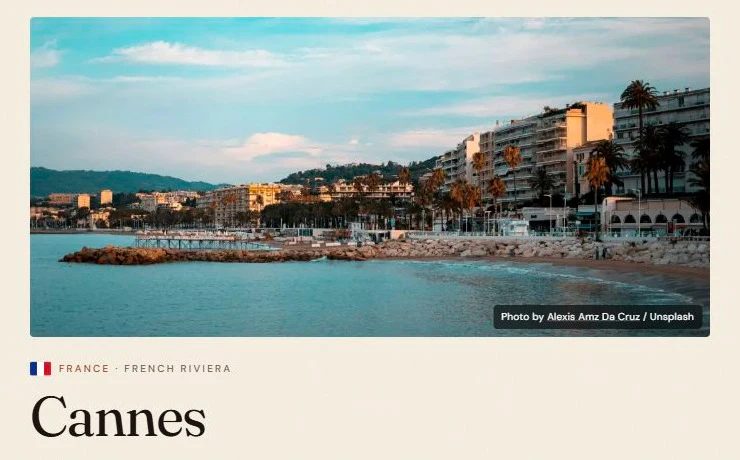 The travel guide for Cannes in SunRoulette, with a beach photo and the name of the destination
